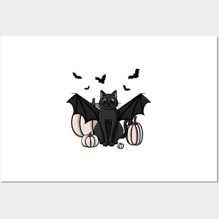 Cute Black Cat in a Bat Costume With White Pumpkins Posters and Art